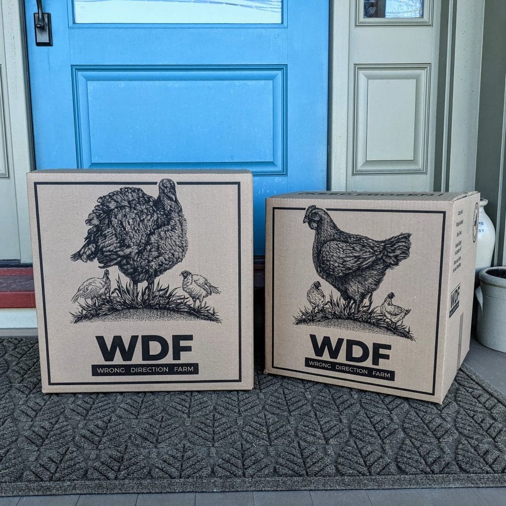 Wrong Direction Farm delivers these boxes of pasture raised chicken and turkey and grass fed beef to customers in the Northeast, including New York, New Jersey, Connecticut, Rhode Island, Vermont, Massachusetts, New Hampshire, Maine, Delaware, and Pennsylvania.