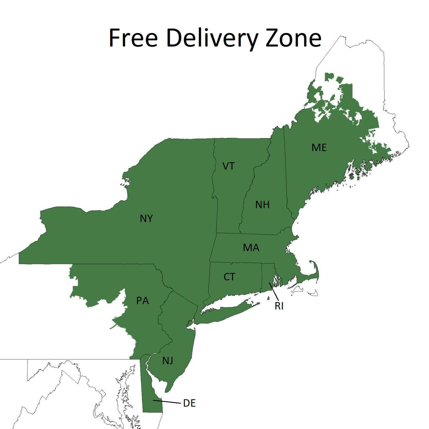 Free Delivery map for Wrong Direction Farm customers in Connecticut, Massachusetts, Vermont, New Hampshire, Rhode Island, Maine, Pennsylvania, New Jersey, Connecticut, and of course, all of New York, including New York City and Long Island.